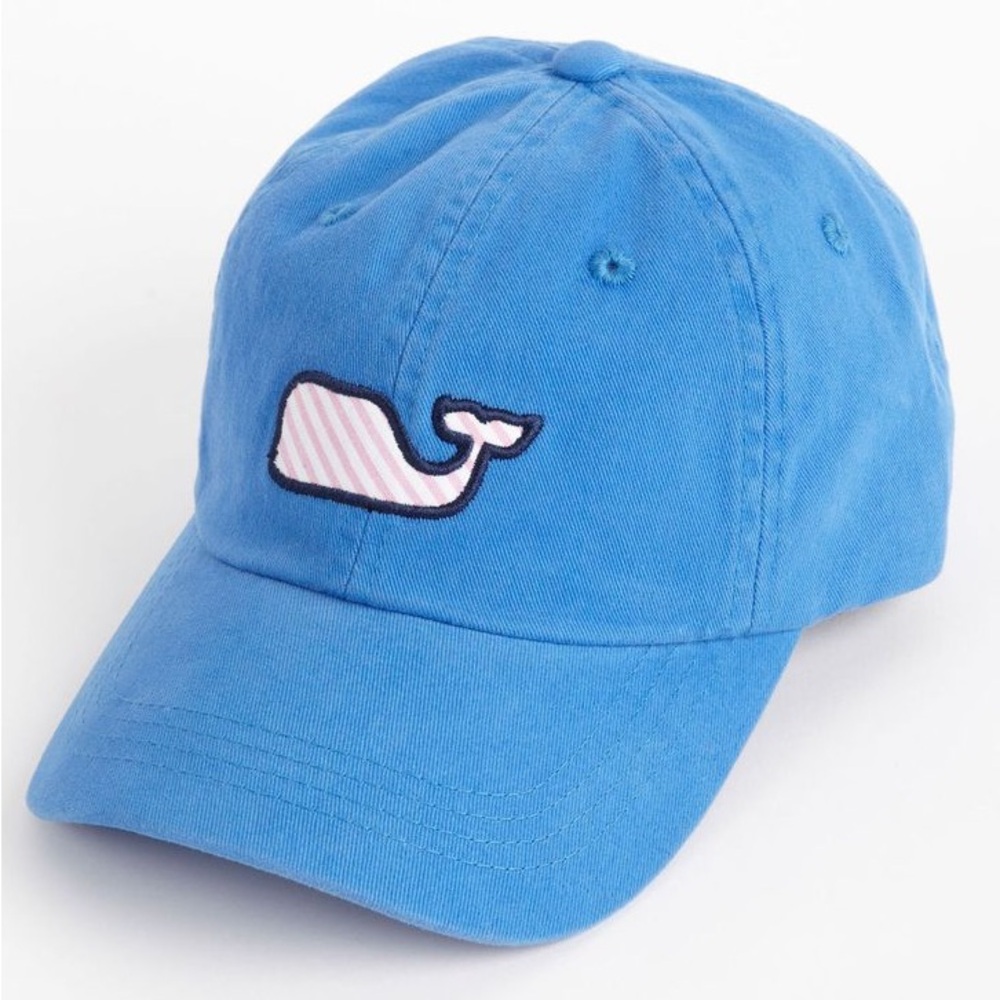 Vineyard Vines Baseball Cap in Blue with Pink and White Striped Whale Logo